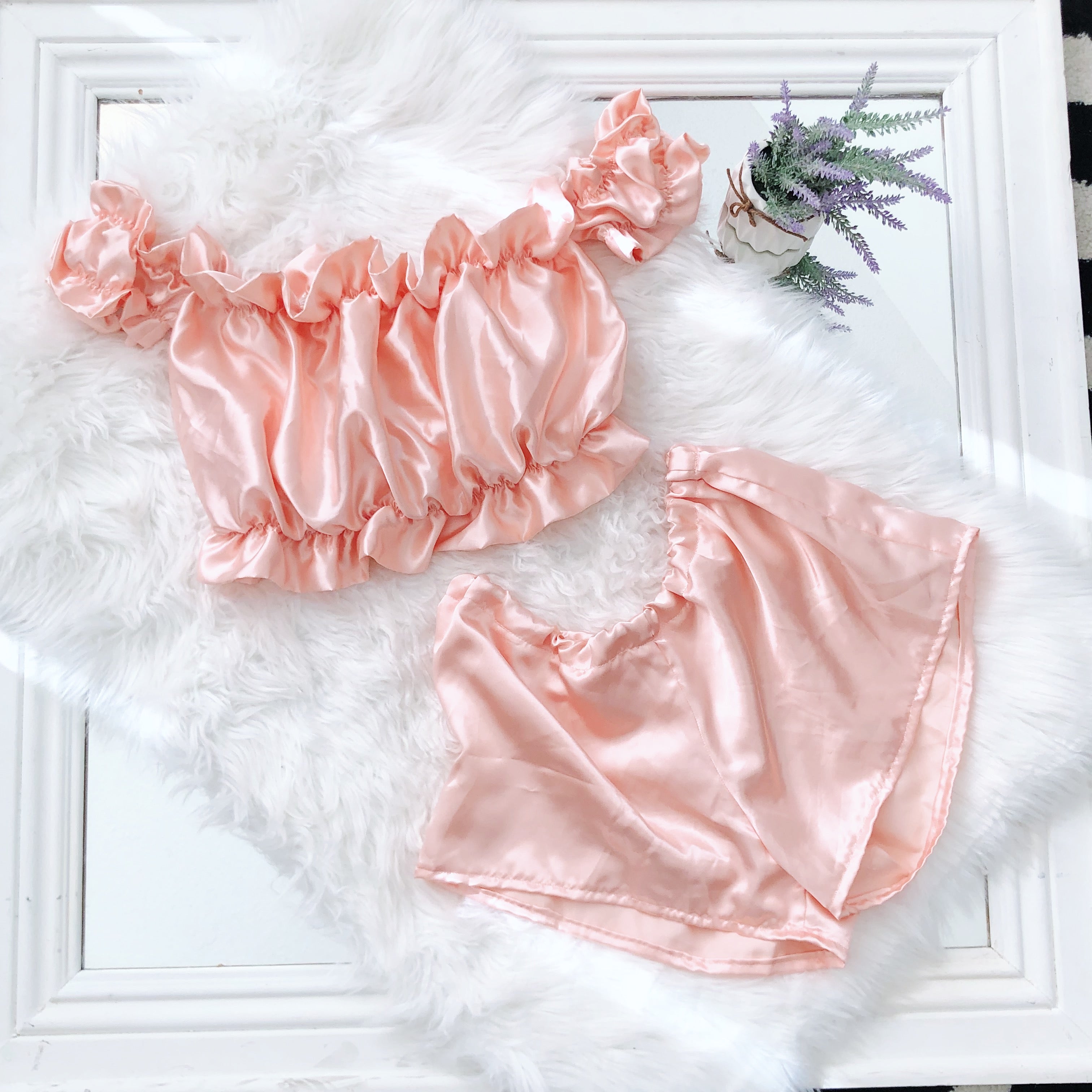 Peach Off The Shoulder Crop Top and Highwaisted Shorts 2 Piece Set