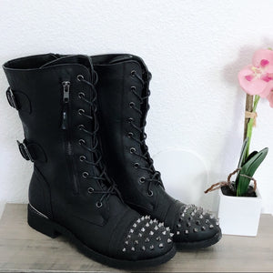 Black Grunge Studded Lace Up Combat Boots