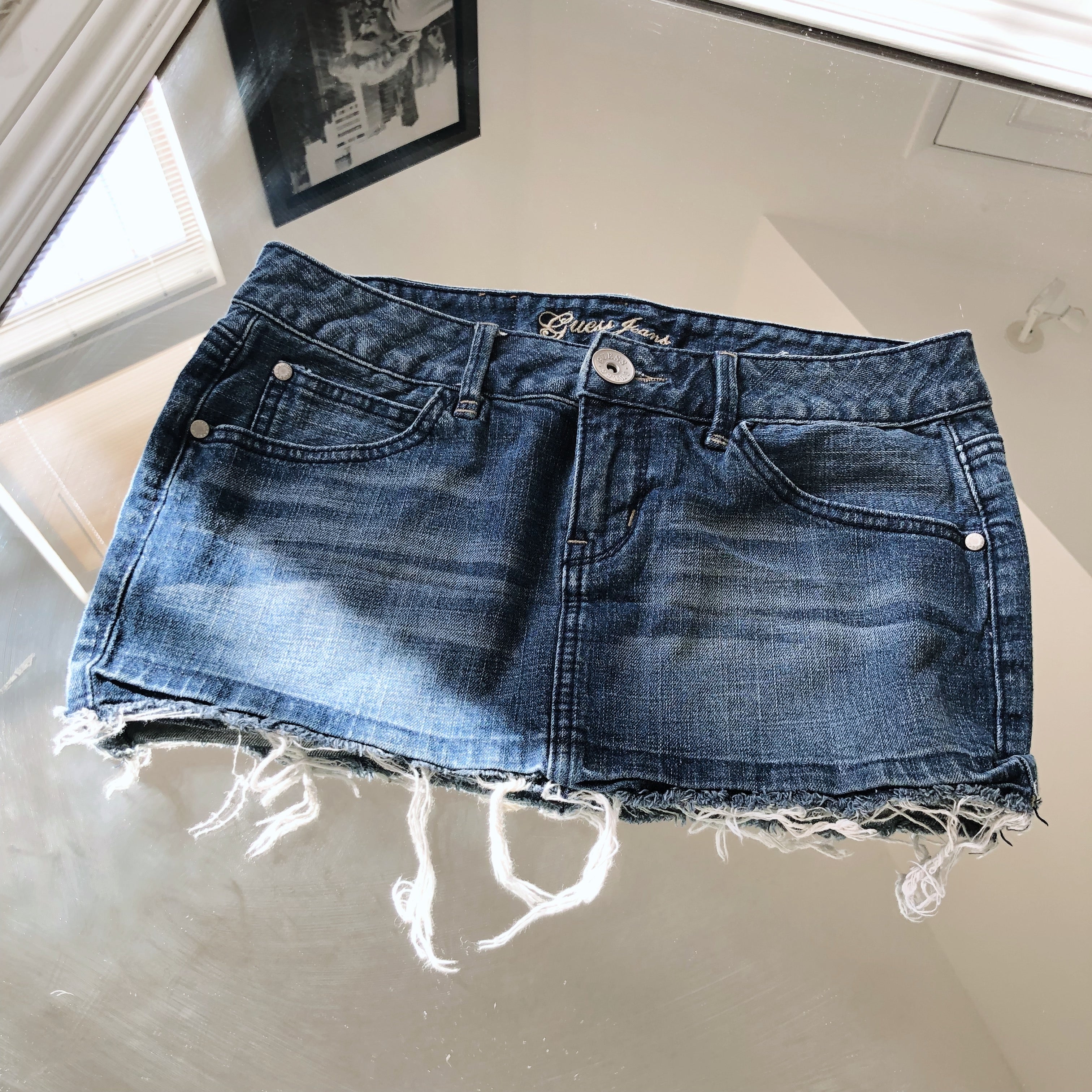 Vintage Y2K Guess Mini Distressed Blue Denim Jean Skirt