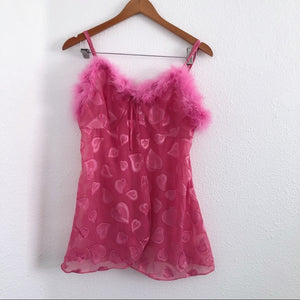 Pink Boa Trimmed Open Front Lingerie Slip Top