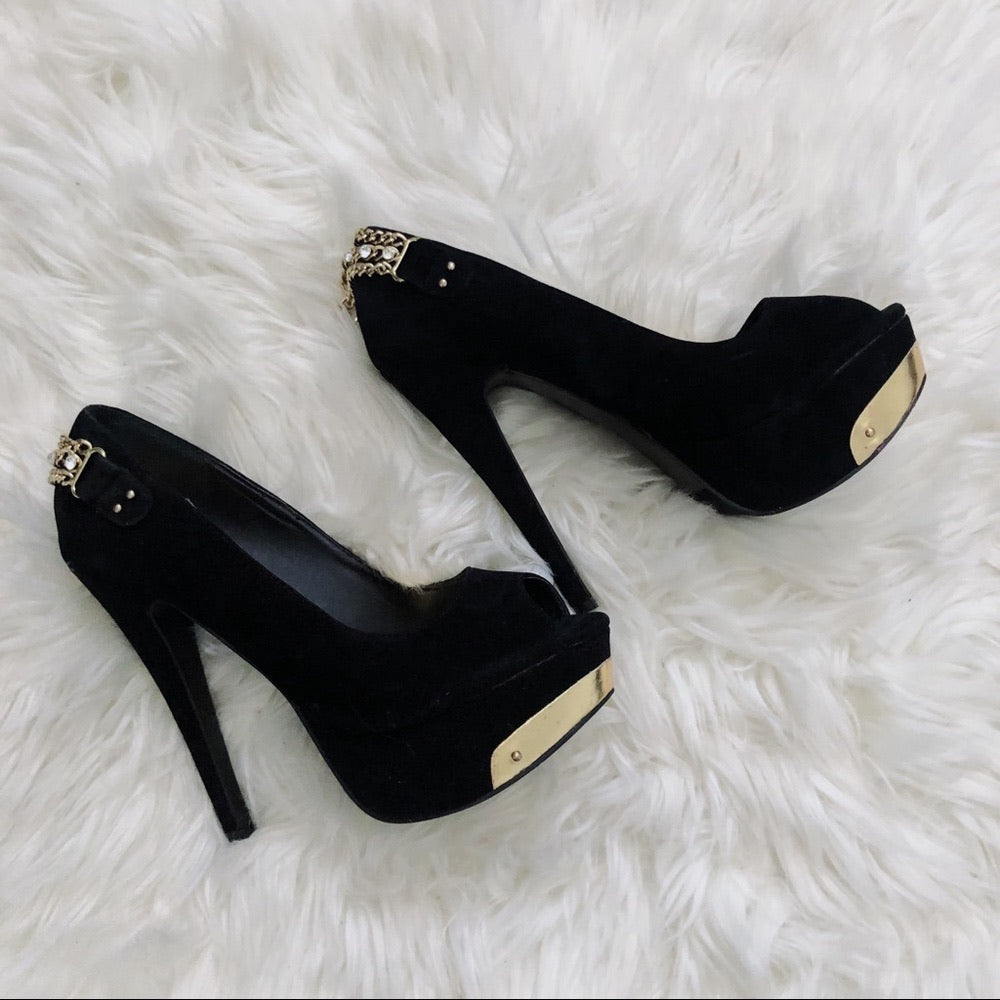 Gold Plated Chained Black Peep Toe Stiletto Heels