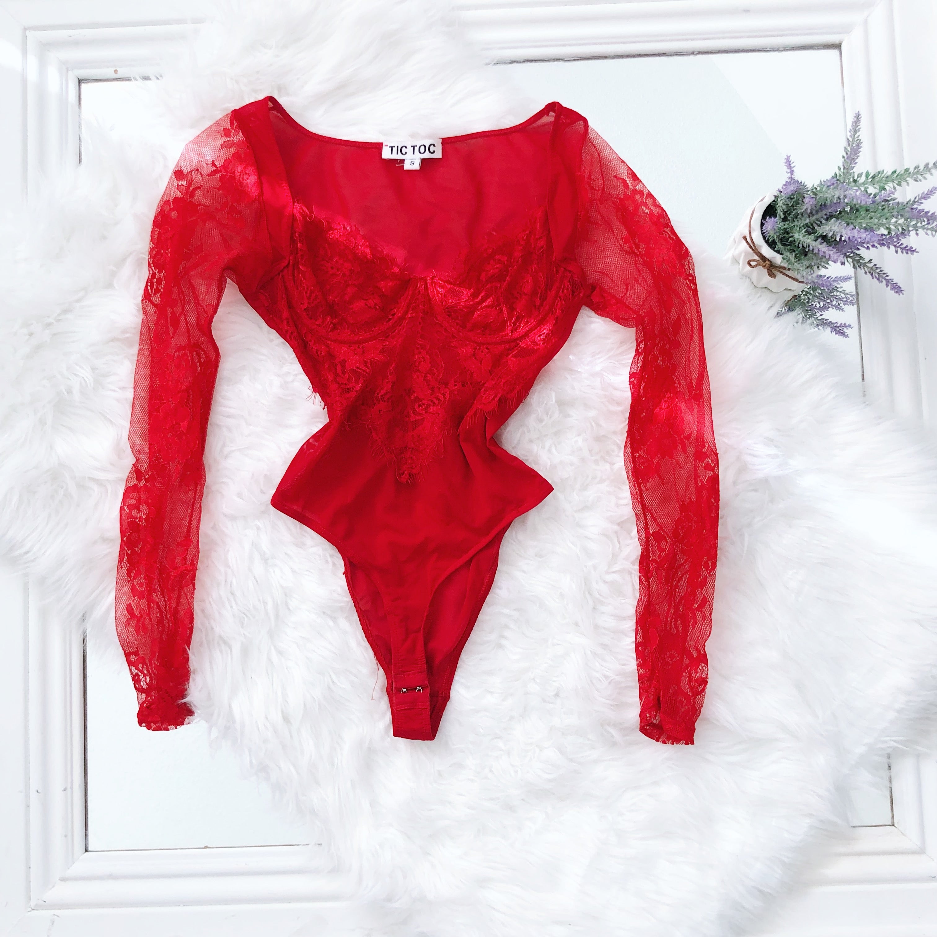 Red Mesh & Floral Lace Long Sleeve Underwire Bodysuit