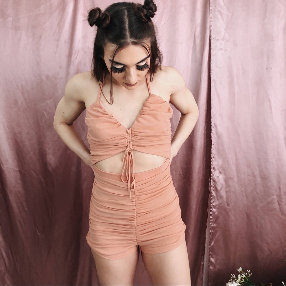 Peach Ruched Center Exposed Stretchy Romper