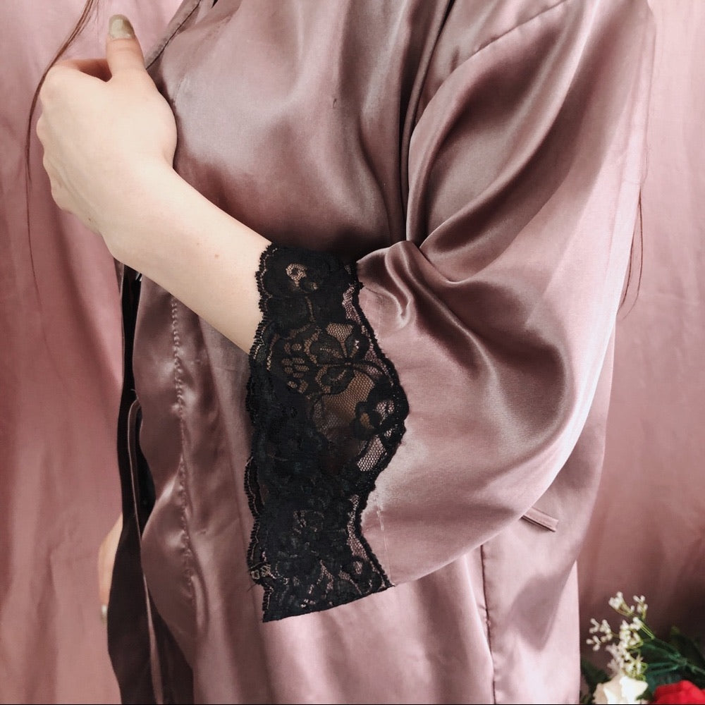 Off to the Races Rose Gold Lace Trim Satin Robe