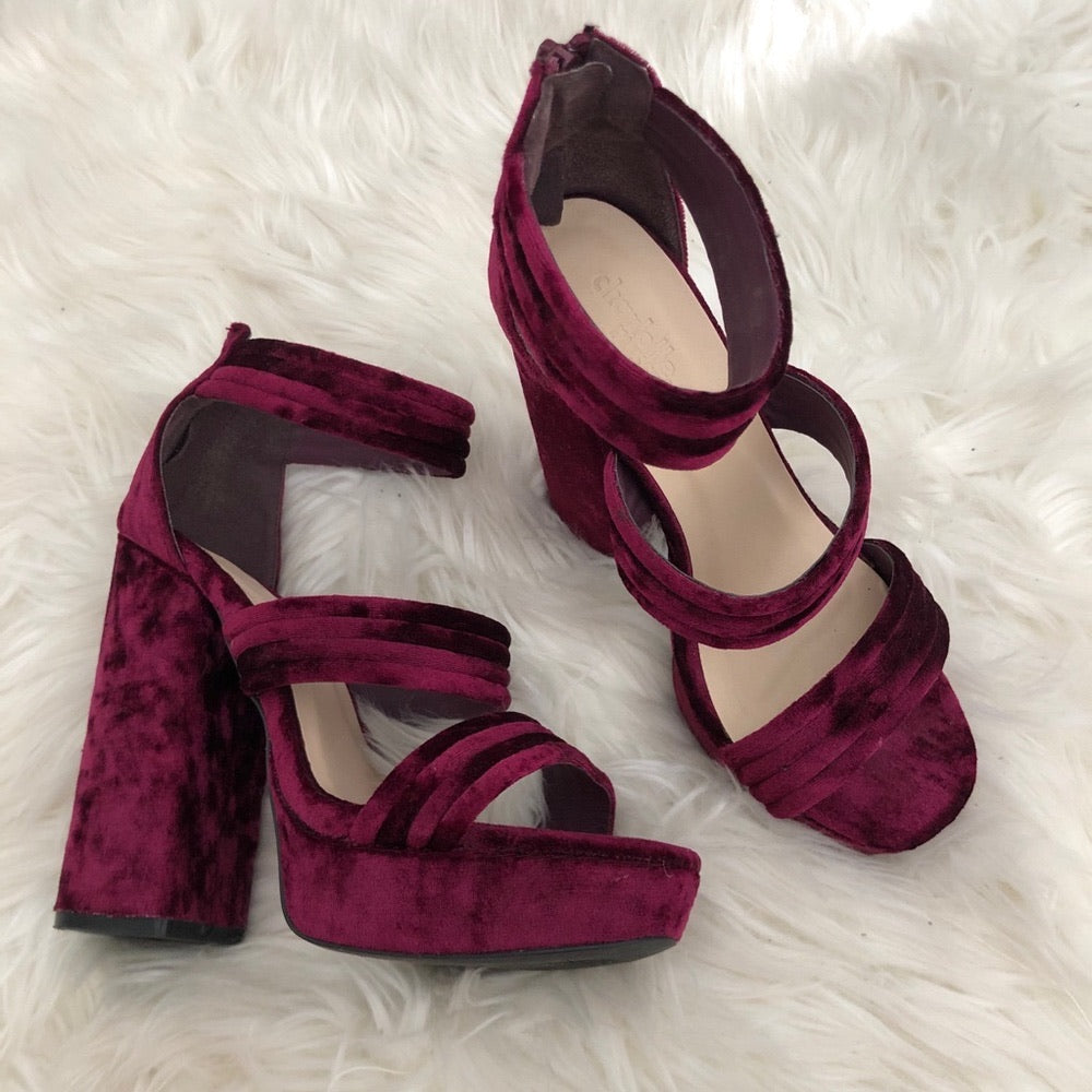 Burgundy Chunky Strap Open Toe Heels