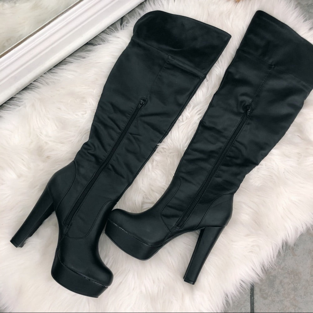 90’s Black Thigh High Chunky Platform Heels