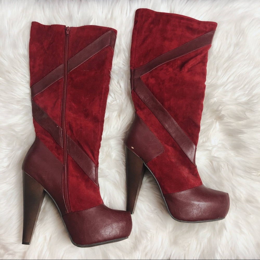 Soft Red Velvet Calf High Heeled Boots