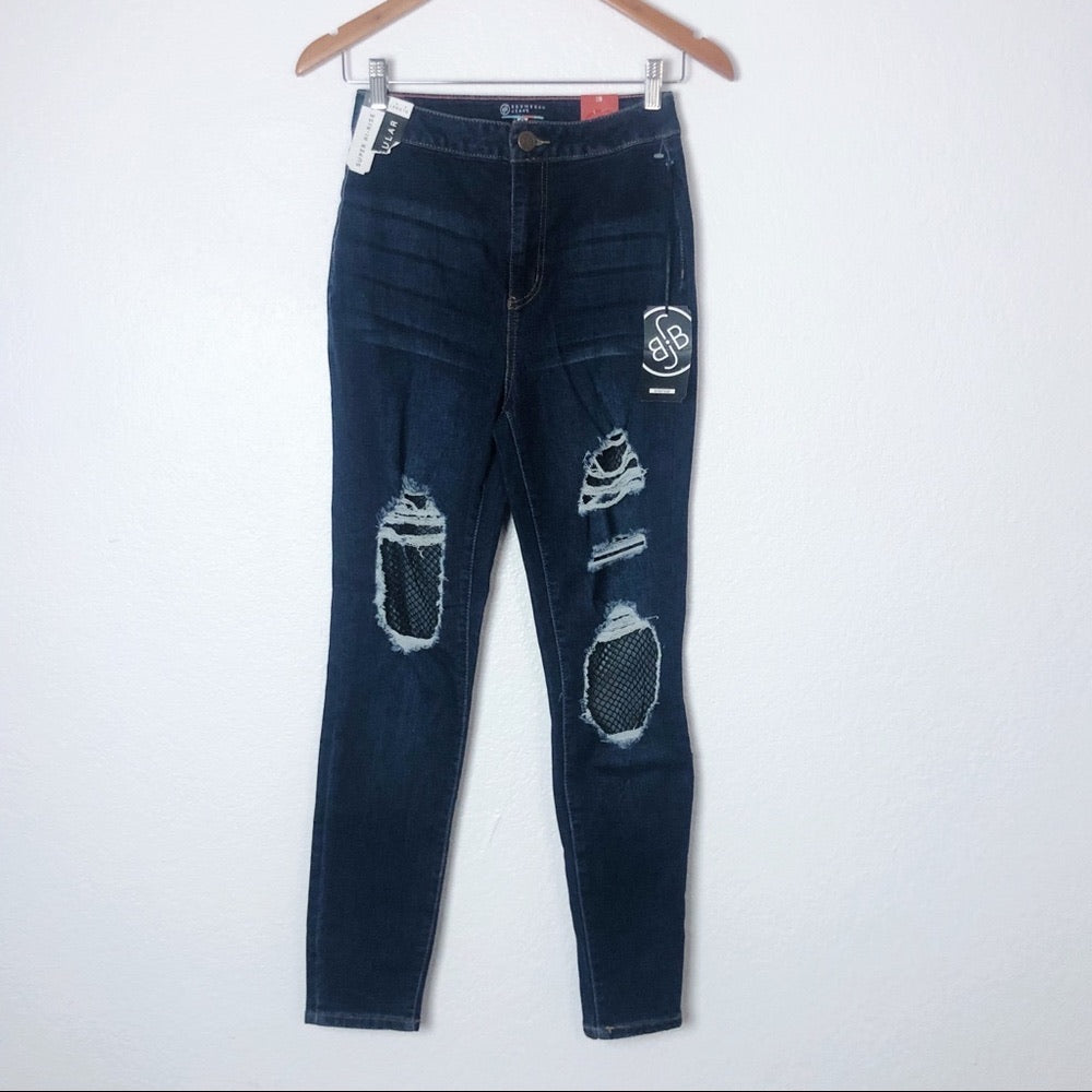 Distressed Dark Denim Fish Net Patched Jeans