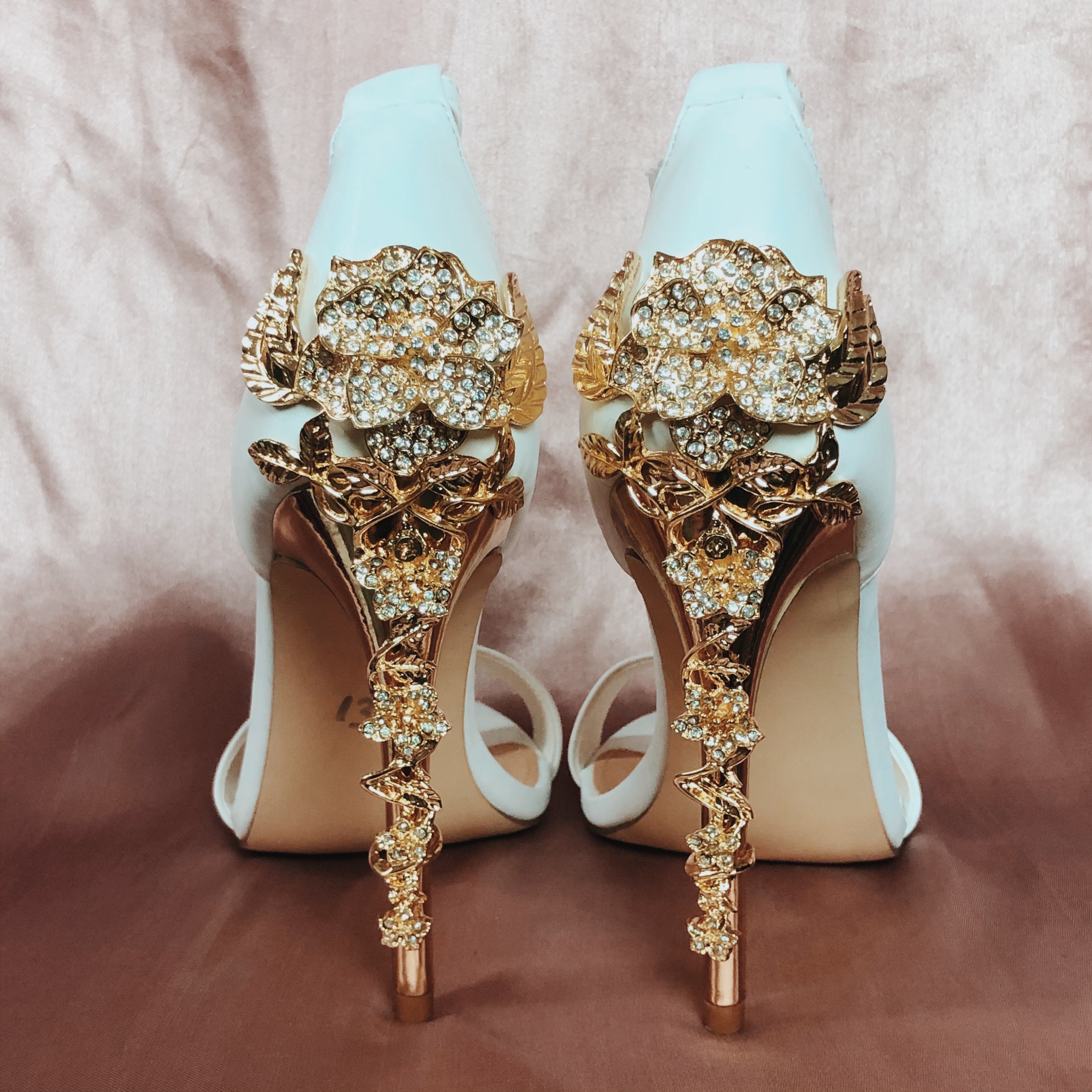 Angel Bayb White & Gold Floral Sandle Strap Heels