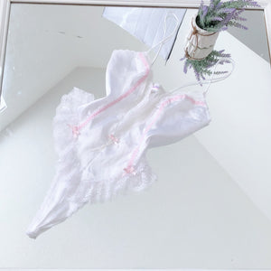 Vintage Frederick’s of Hollywood White & Pink Detailed Lace High Thigh Teddy With Mesh Paneling