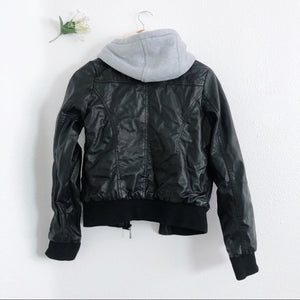 Black and Gray Hooded Faux Leather Zip Up Jacket