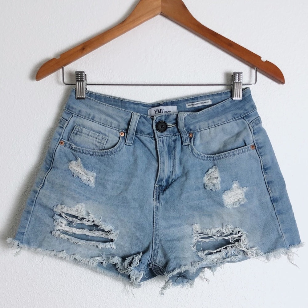 YMI Dream High Rise Blue Denim Distressed Shorts