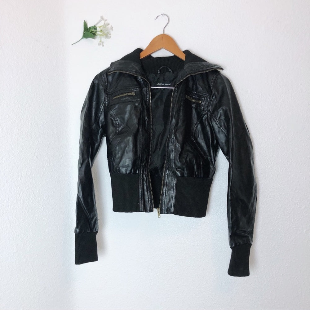 Black Faux Leather Winter Zip Up Jacket