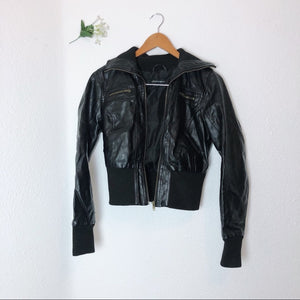 Black Faux Leather Winter Zip Up Jacket