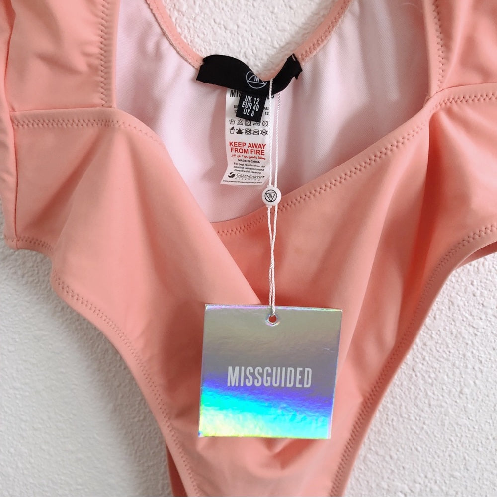 Missguided Bar Detail Cut Out Coral Swimsuit