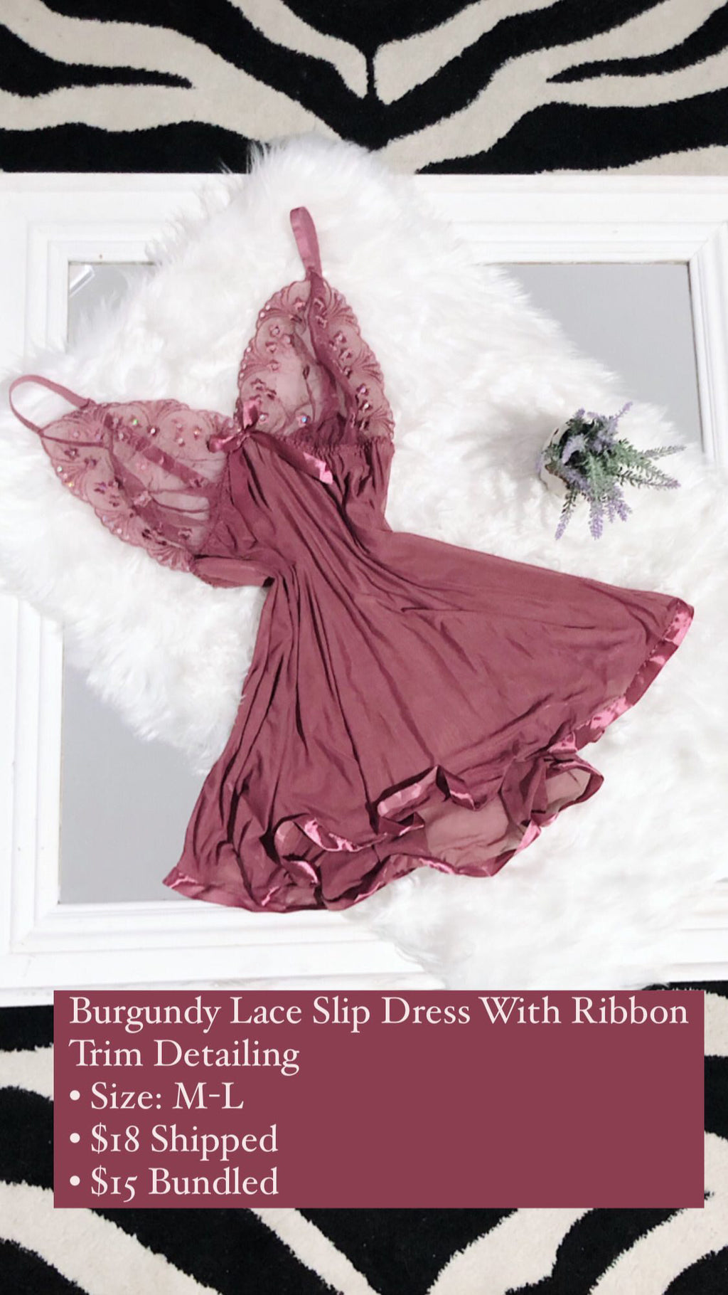 Burgundy Lace Slip Dress With Ribbon Trim Detailing