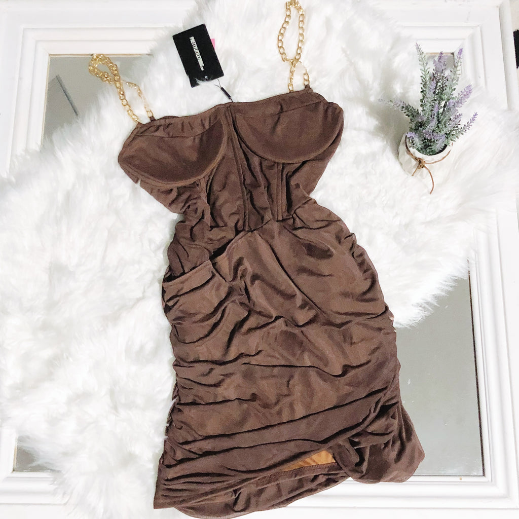 New With Tags Pretty Little Thing Plus Chocolate Corset Chain Strap Bodycon Dress