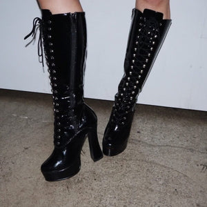 Black Knee High Lace Up Punk Bayb Pleather Chunky Heel Boots