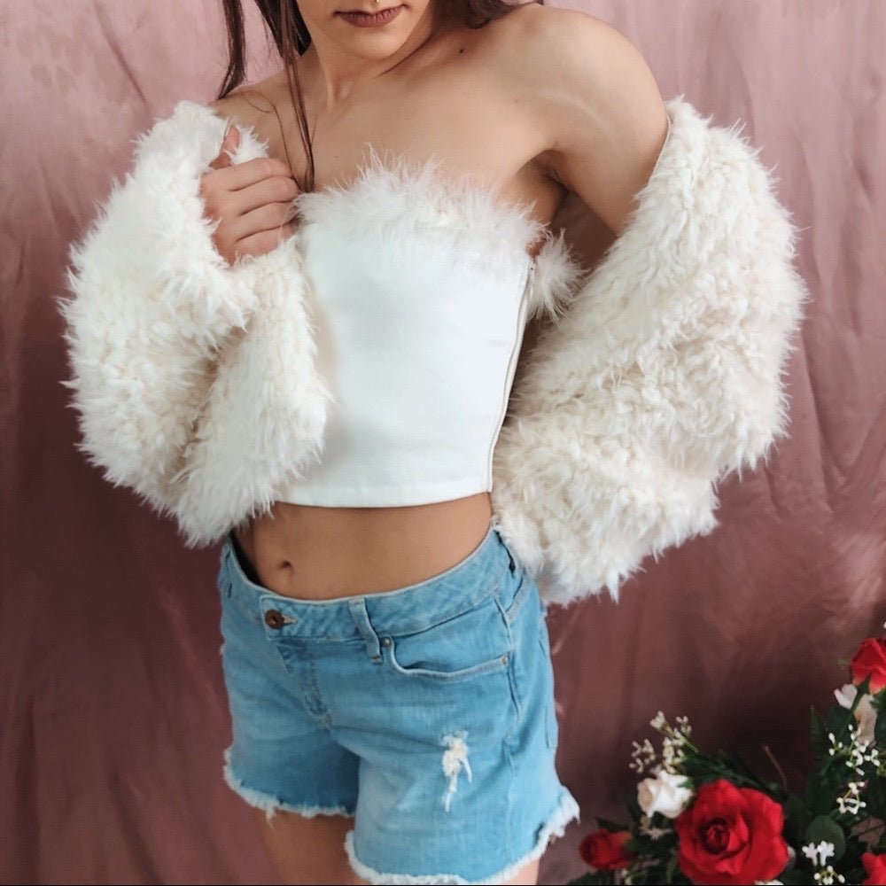 Angel Bayb White Boa Trimmed Strapless Crop Top