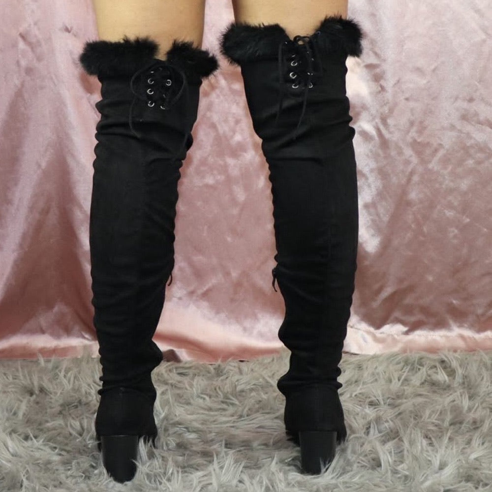 Black Boa Soft Chunky Heel Thigh Highs