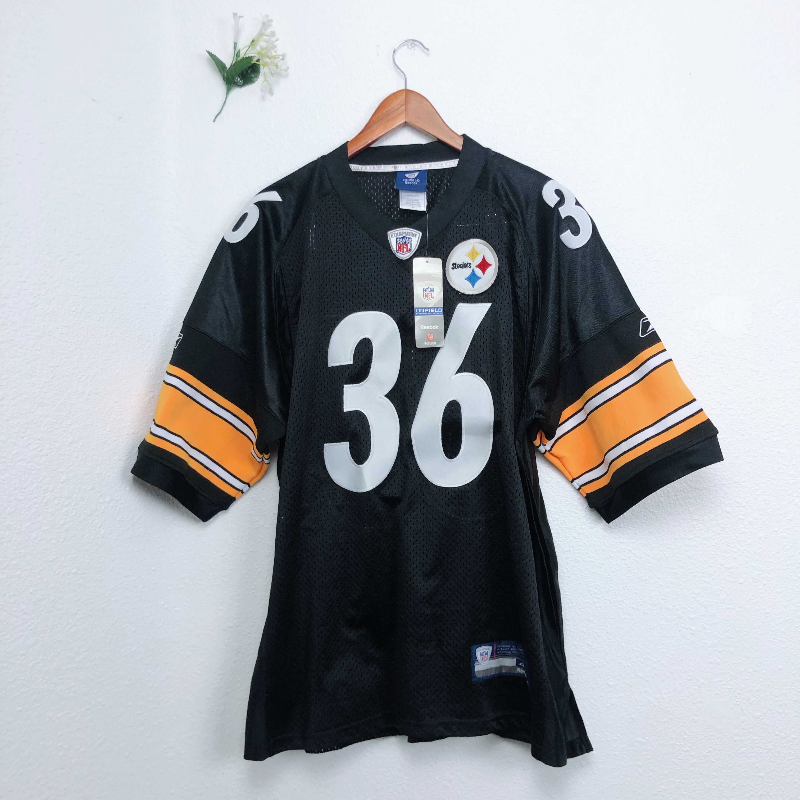 NFL Onfield Reebok Bettis 36 Steelers Black and Yellow Football  Jersey