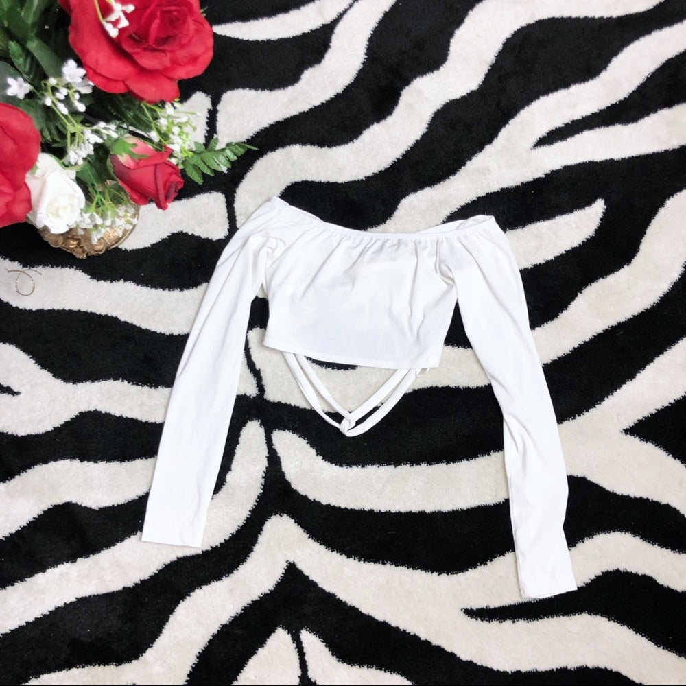 White Long Sleeve Ribbed Stretchy Comfy Crop Top