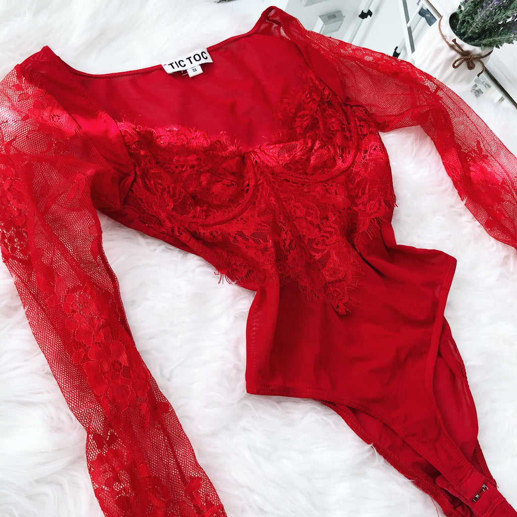 Red Mesh & Floral Lace Long Sleeve Underwire Bodysuit