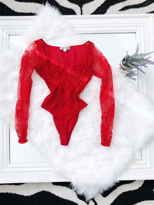 Red Mesh & Floral Lace Long Sleeve Underwire Bodysuit