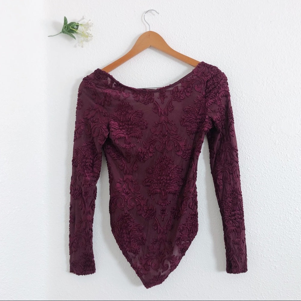 Burgundy Maroon Mesh See-Through Soft Bodysuit