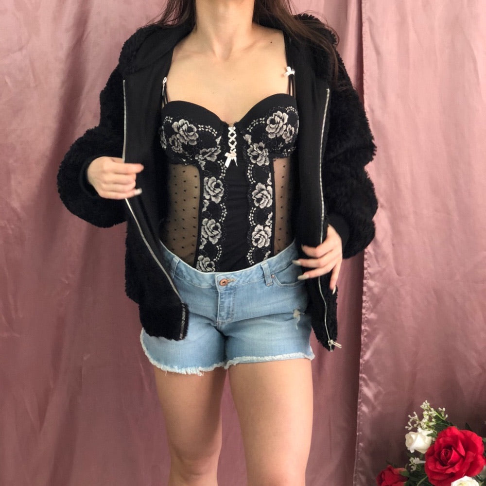 Baby Black Floral Lace Lingerie Bow Slip Top