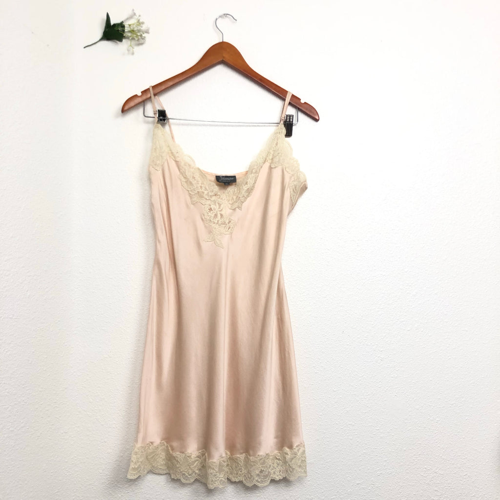 Vintage 100% Silk Lace Trim Peach Lingerie Slip Dress